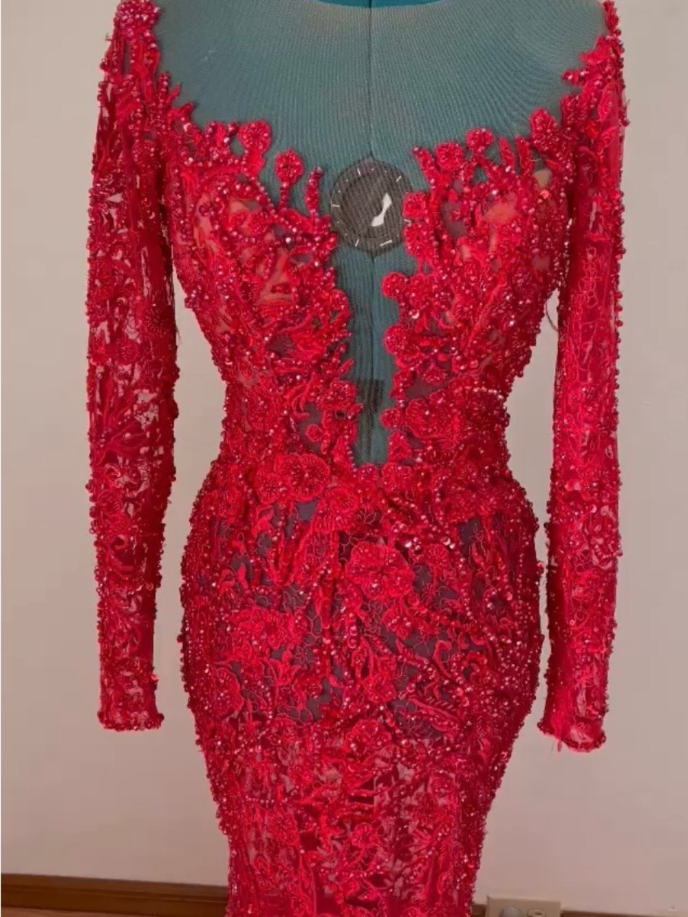 Red Long-Sleeve Embellished Evening Gown